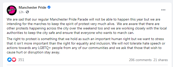 A post by Manchester Pride about the protest