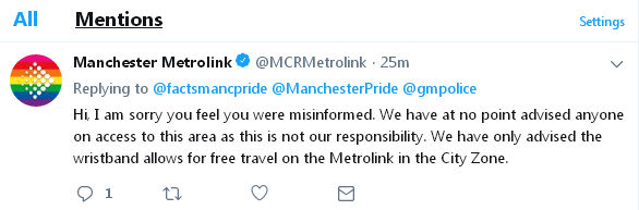Misled about Manchester Pride wristbands by Metrolink